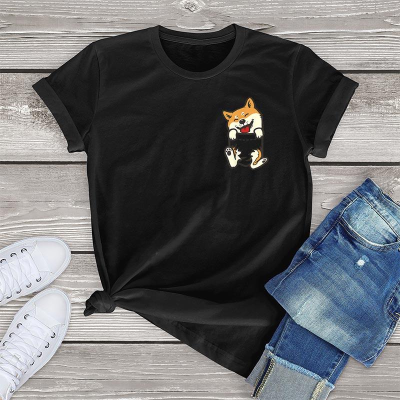 

100% бавовна, унісекс, верхня кишеня, ніжки шиба-іну, милий дож, акіта, любитель собак, подарункова графічна футболка для жінок. Жіноча футболка великого розміру M чорний