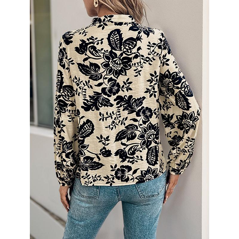 Spring And Autumn New Vintage Printed Shirt Small Stand Collar Elegant Shirt Women's Fashion Long Sleeve Button Office Blouse
