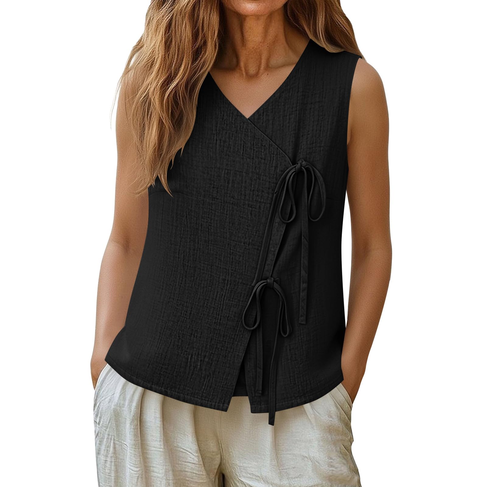 

Женские майки из хлопка и льна с V-образным вырезом, свободные повседневные рубашки без рукавов, летние рубашки, рубашка с запахом и завязками, топ-камисоль XL чёрный