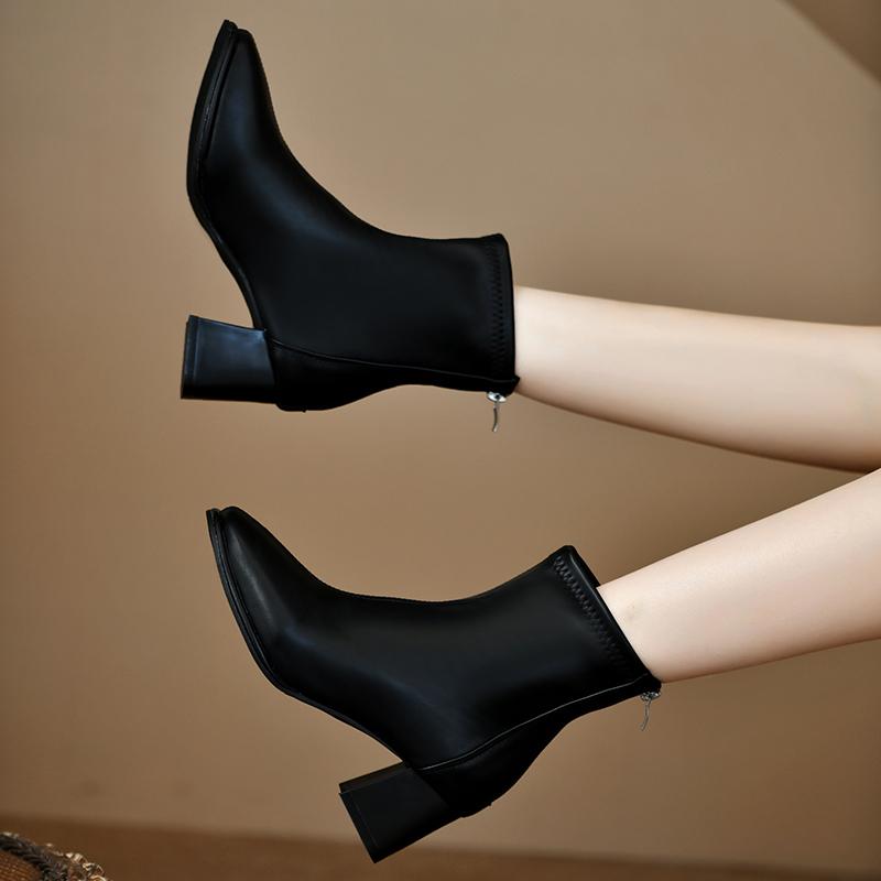 Ladies Shoes 2024 High Quality Ankle Women's Boots Elegant Modern Boots Women Sewing Back Zip Med Chunky Heels Shoes Women