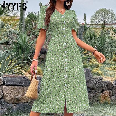Women's Fashion Summer Spring Floral Print Short Sleeve V-Neck High Waist Casual Dresses