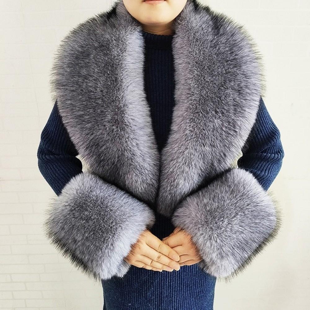 V Shape Faux Fur Collar Set Oversized Shawl Collar Wrap Warm Fur Cuff Set Overcoat Matching