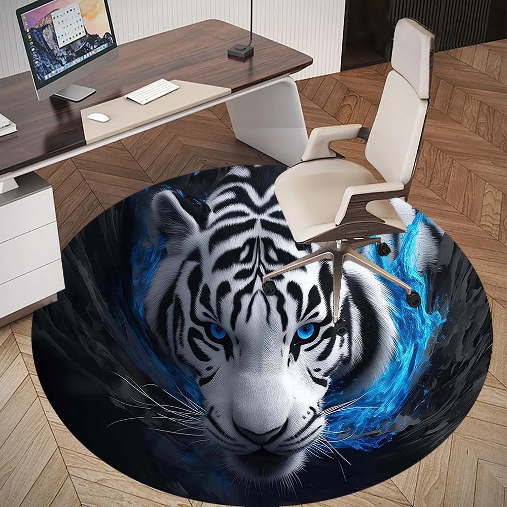1PC White Tiger Blue Eyes Round Chair mat Area Rug - Non-Slip, Floor Mat for Office, Bedroom, home decor Christmas Gift c0528138