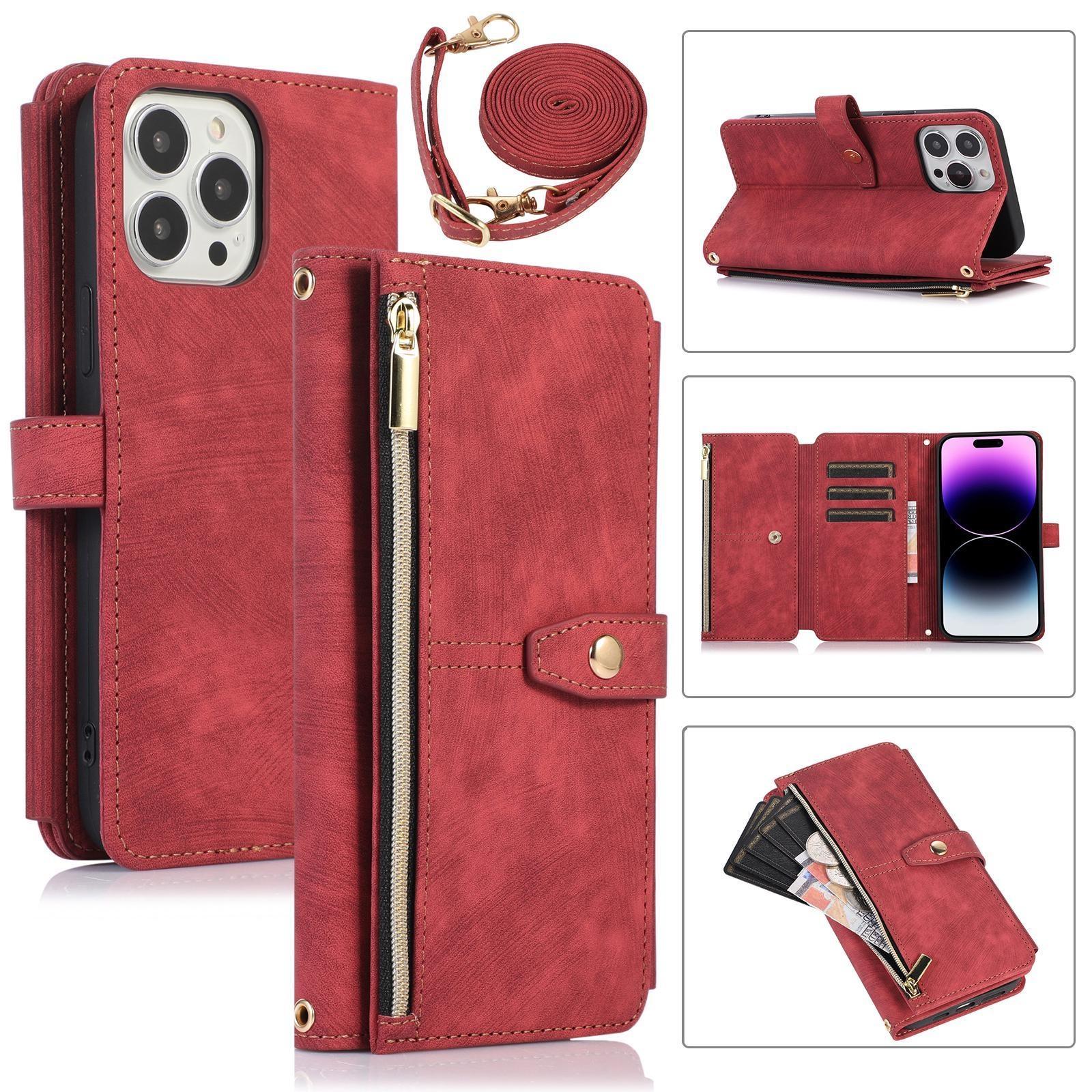 

Кожаный чехол-книжка через плечо с несколькими картами на молнии для iPhone 15 14Plus 13 12 11 Pro Max XSMAX для Samsung S23 S22 S21 S20Ultra Plus A14 A54 A13 A53 Samsung A50/A50S/A30S