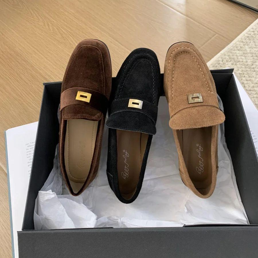 Fashion Bailamos 2024 New Brand Women Flat Shoes Fashion Round Toe Flat Heel Slip On Laofer Shoes Casual Outdoor Gold Buckle Ballerinas