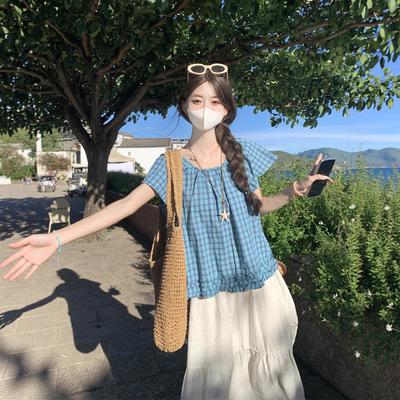 Sommer sanftes Temperament Retro Karomuster Spitze altersmilder Rundhalsausschnitt Kurzarm Hemd Top vielseitiges lockeres Hemd