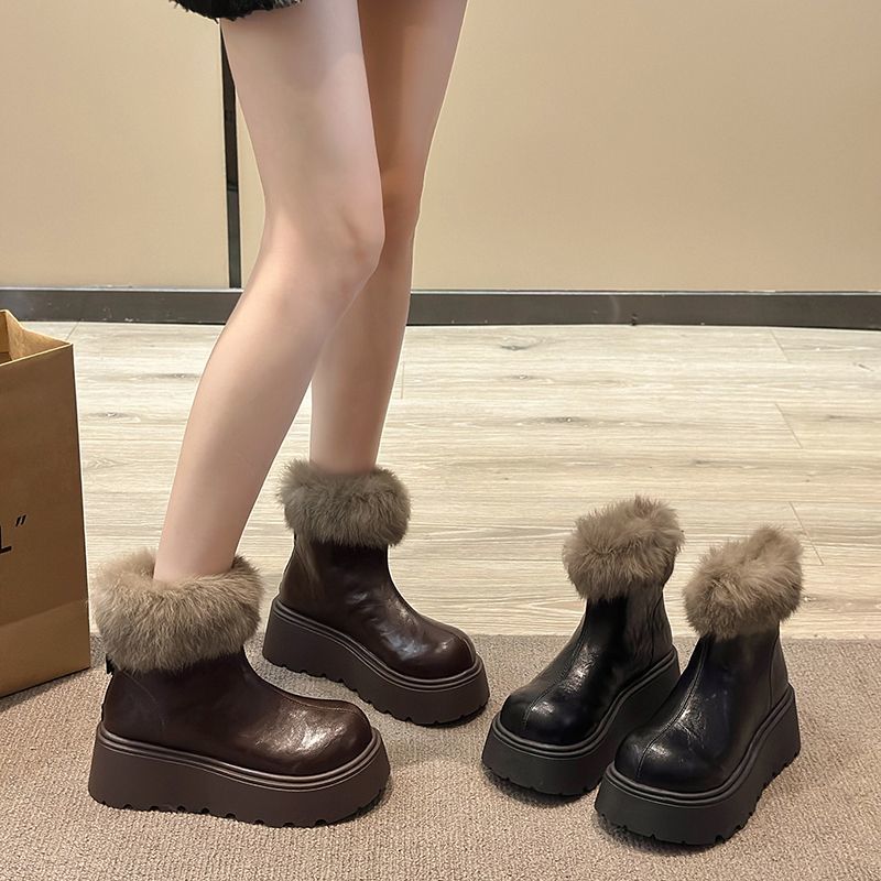 Okrągły nosek ciepłe małe grube podeszwy puszyste zimowe krótkie botki moda śniegowce damskie spice girl aksamit