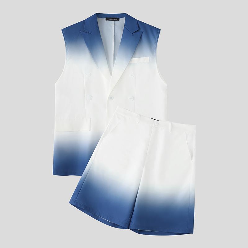 

INCERUN Two Pieces Men Sleeveless Gradient Thin Waistcoat and Loose Shorts Outfits Sets 5XL синий