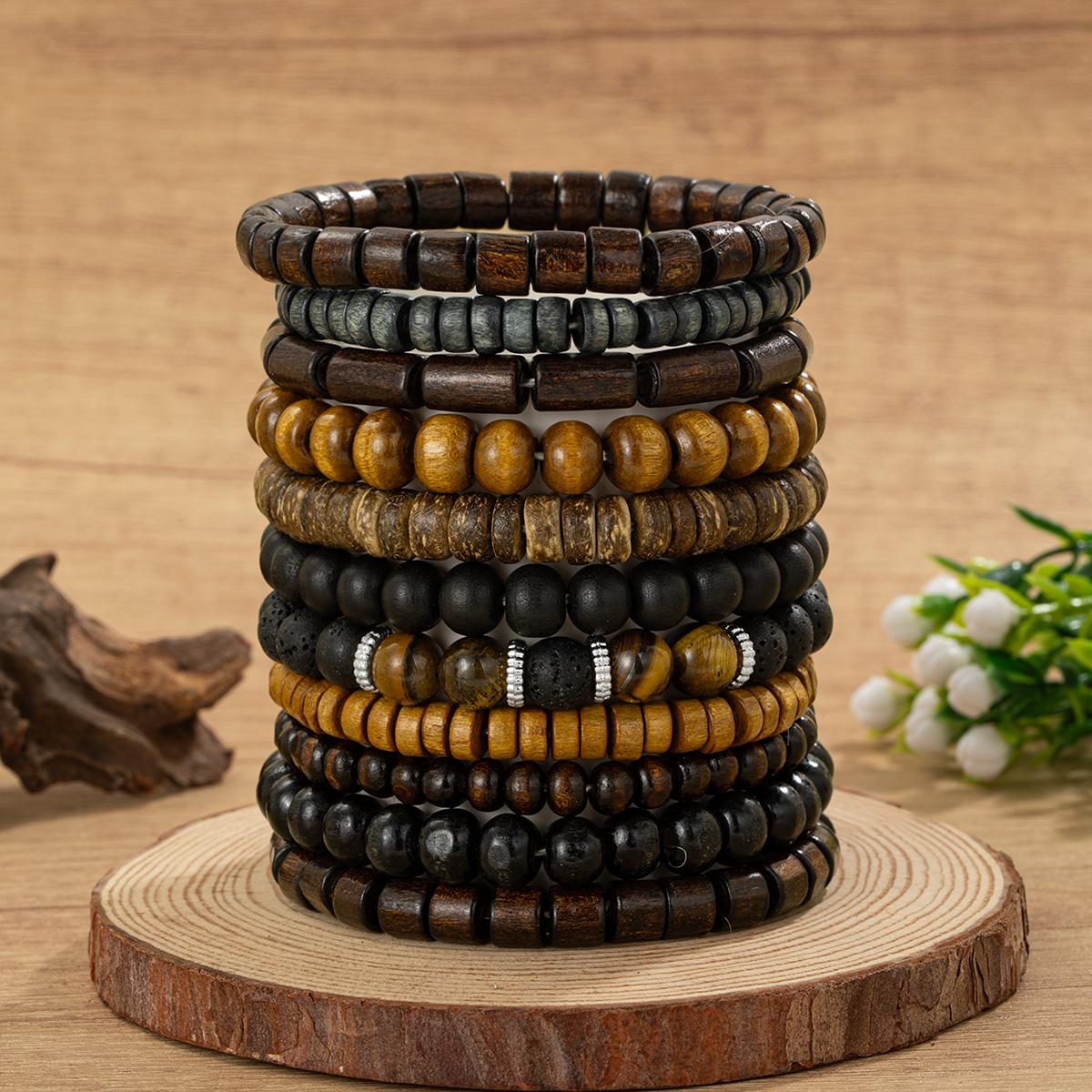 Vintage Natural Wood Bead Bracelet Set, Beaded Bracelets, Bohemian Ethnic Style Jewelry