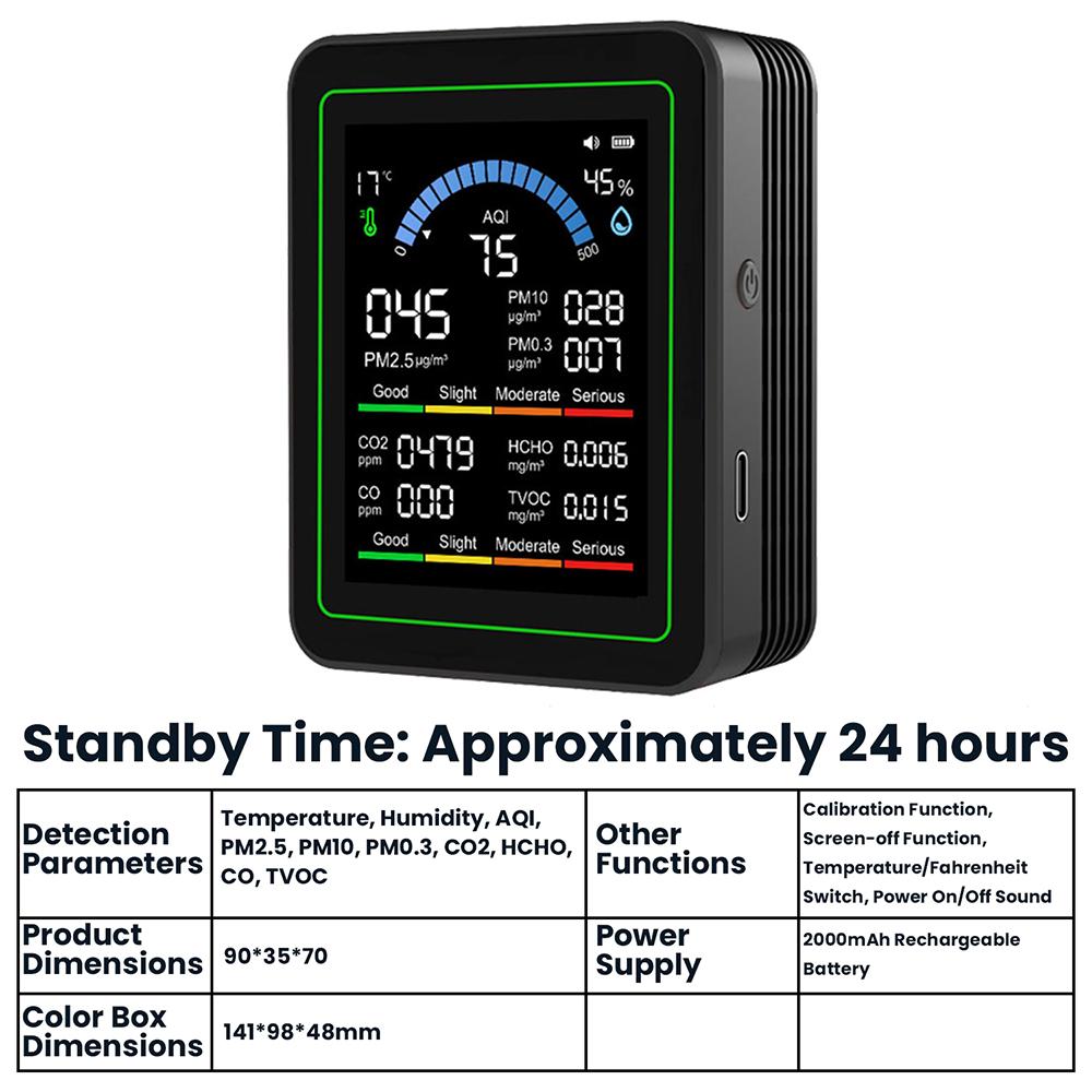 

10-in-1 CO2 Air Quality Detector PM0.3 PM1.0 PM2.5 PM10 HCHO TVOC Tester Temperature and Humidity Meter Carbon Dioxide Monitor