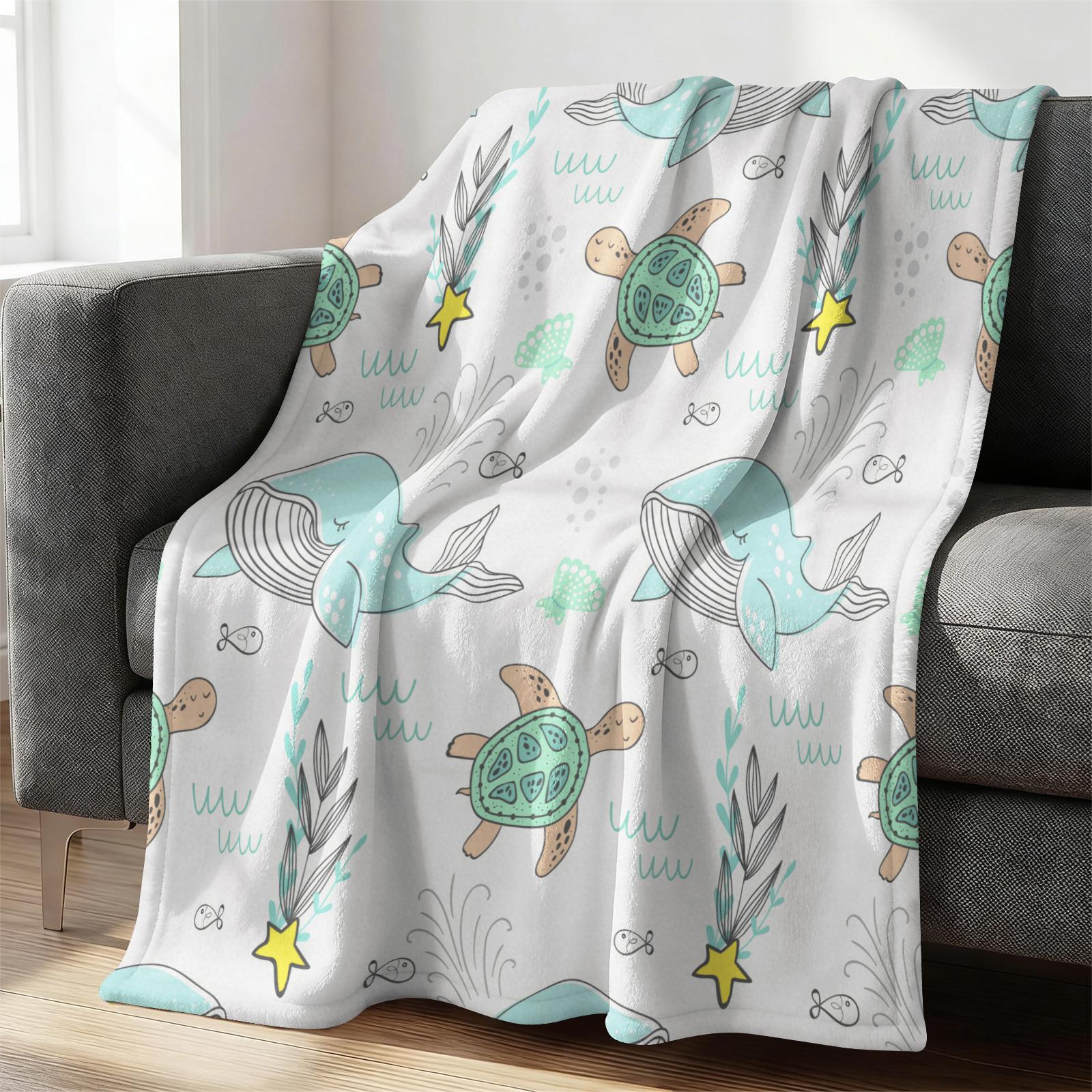 Cute Whale Turtle Pattern Flannel Blanket Soft Cozy Throw Bedding Decor Warm Fleece Blanket Kids Gift Blanket for Home 75X95CM
