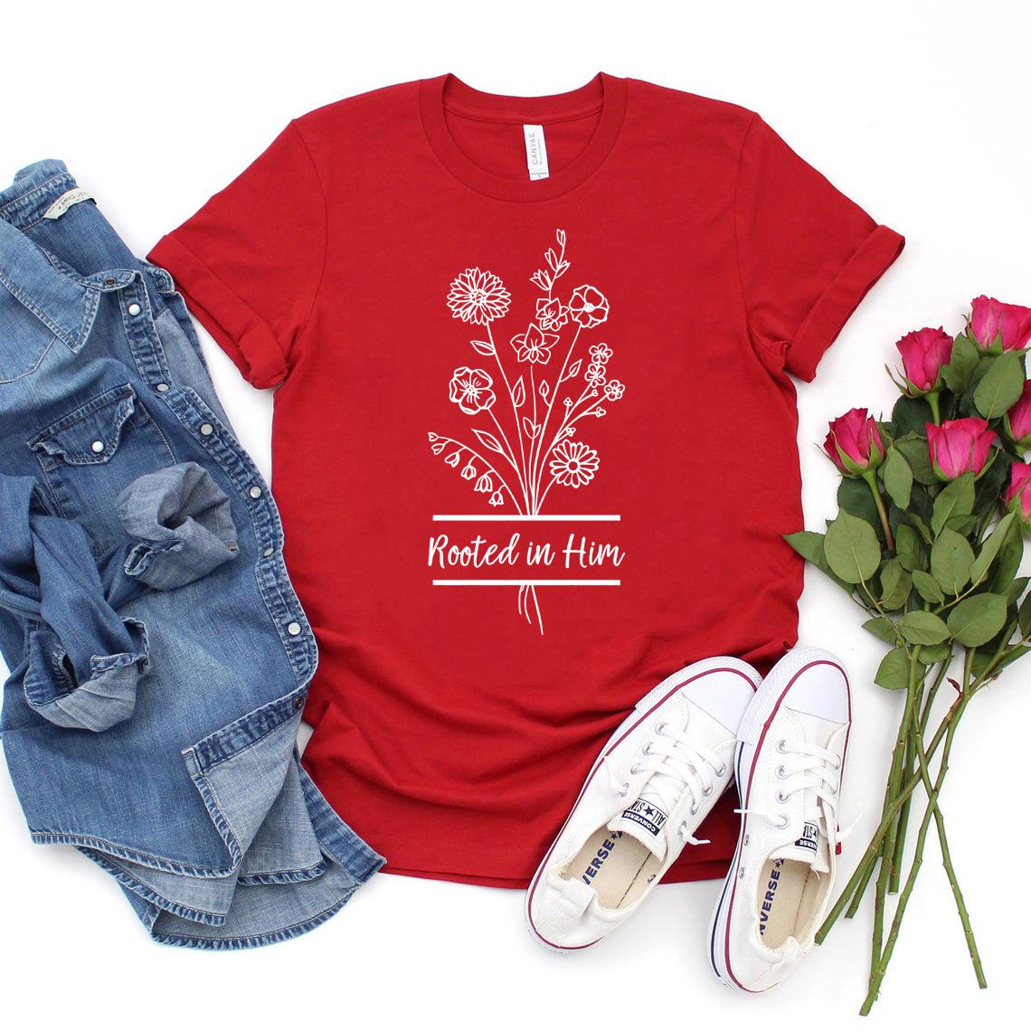Rooted In Him Christian T Shirt Colossians 267 TShirt Women Tshirts Graphic Tee Cute Wildflower Tshirt Faith Based Tshirt S