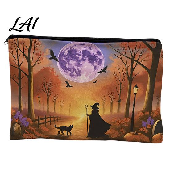 Smooth Zipper Bag Storage Bag with Zipper Thickened Polyester Large Capacity Colorful Printed Cosmetic Halloween Witch Pumpkin Pattern Pouch Durable