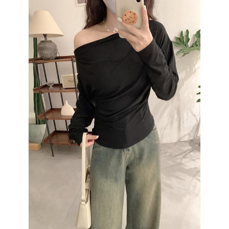 

Spring Autumn Boat Neck Solid Color Casual Fashion T-shirt Women Batwing Long Sleeve All-match Bottomed Tee Top onesize чорний