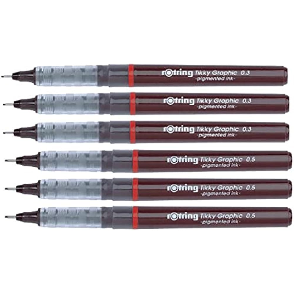 Rotring Tikky Graphic Pigment Liner 0.3mm & 0.5mm Pens - 3 Black Pigment Ink, Fiber Tips, Set of ...