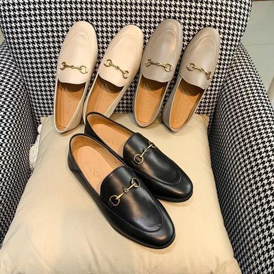 2025 New Spring Women's Shoes Black Leather Horse Buckle Loafers Versatile Small Leather Shoes One-pedal Flat Single Shoes