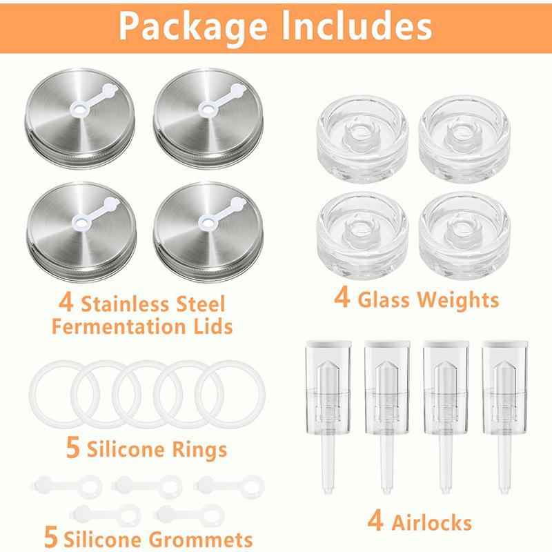 Fermentation Kit For Wide Mouth Mason Jars 4- Complete Pickling & Sauerkraut Setss With Stainless Steel Lid And Air Lock Valve