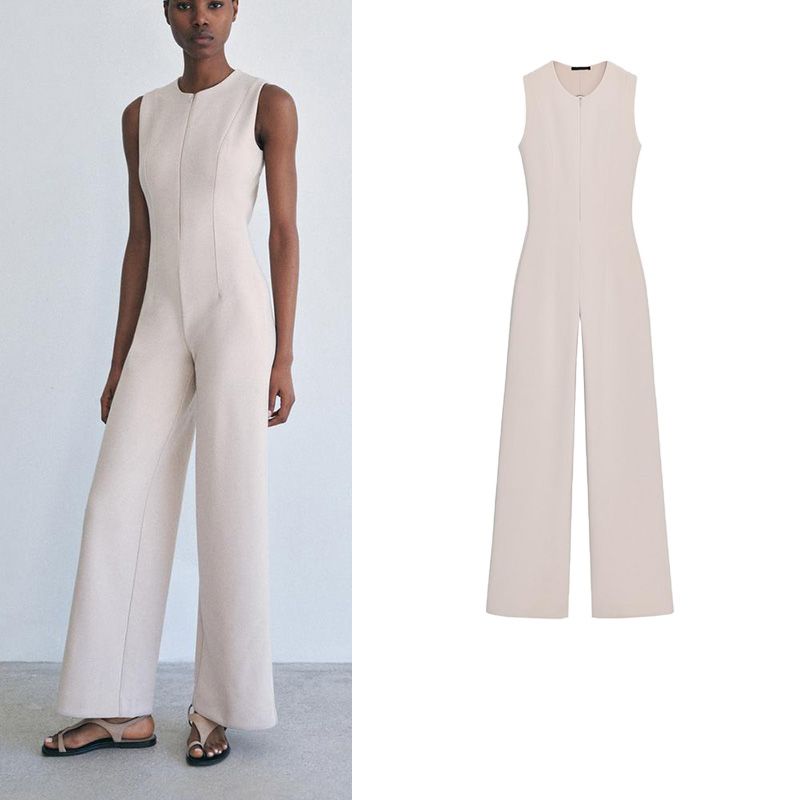 Spring and Summer New Women's Clothing Commute Minimalist Style round Neck Sleeveless Wide Leg High Waist Long Jumpsuit 3641007