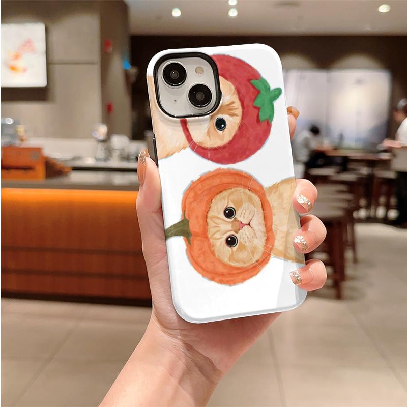 Elegant Watercolor Fruity Orange Pumpkin Cat Graphic Art Film Aesthetic Protective Shockproof Bumper Case Cover For iPhone 14 15 16 Pro Max Plus