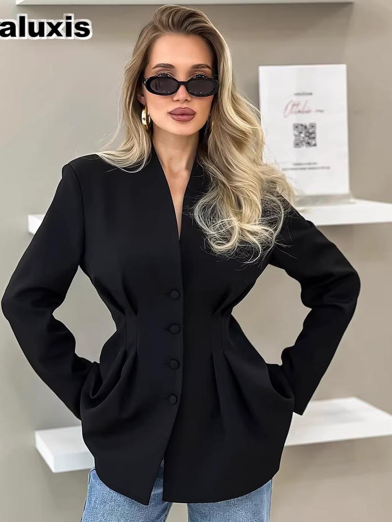 Women's Autumn Chic Elegant Slim Fit Waist Black Blazer Workwear V-Neck Suit Jacket