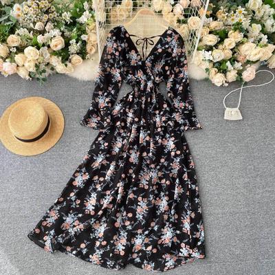 Spring Autumn Flared Sleeve High Waist V-neck Dresses Vintage Print Long Dress Sexy Backless Lace-up Dress Women 2023  25982