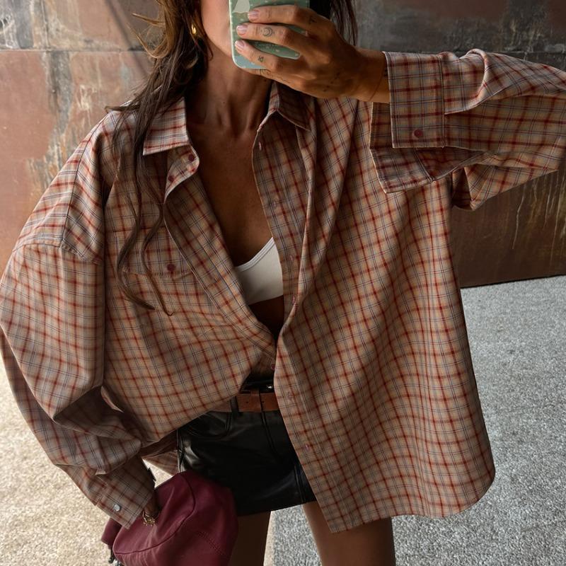 Loose Vintage Plaid Long Sleeve Women Shirt Casual Commute Daily Fashion
