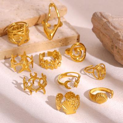 Summer Beach Style Gold Color Open Rings Stainless Steel Starfish Seashell Palm Tree Anillos Waterproof Ring Jewelry For Women