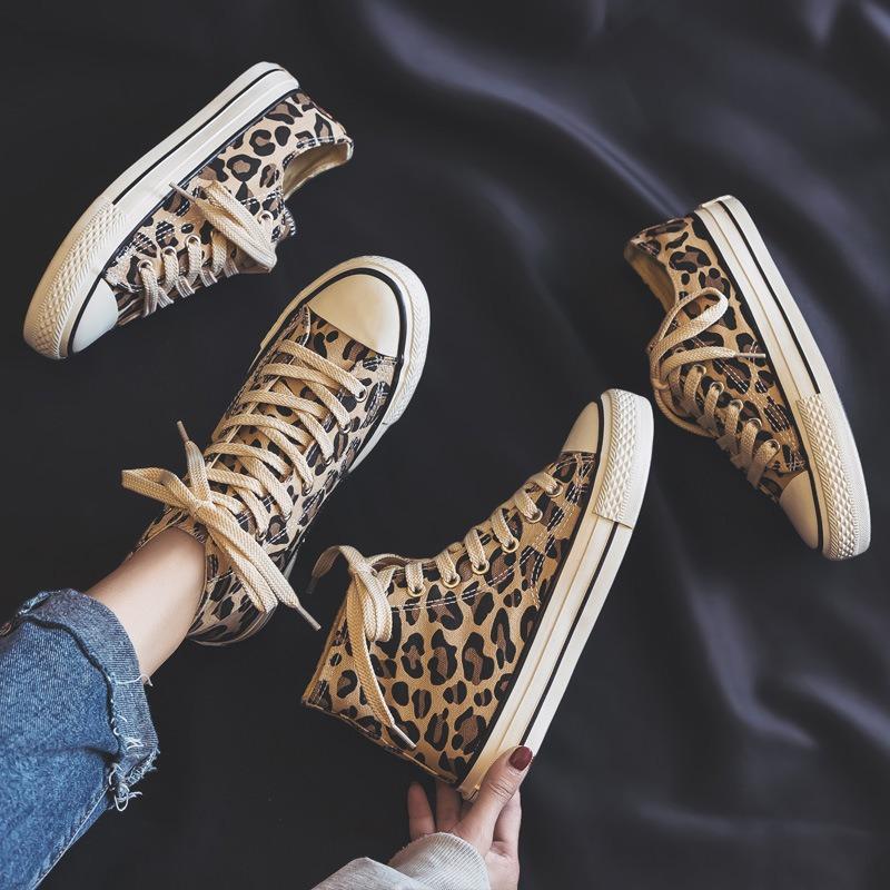 Spring New Leopard Print Hightop Canvas Shoes Women's Versatile Student Board Shoes Women's Shoes