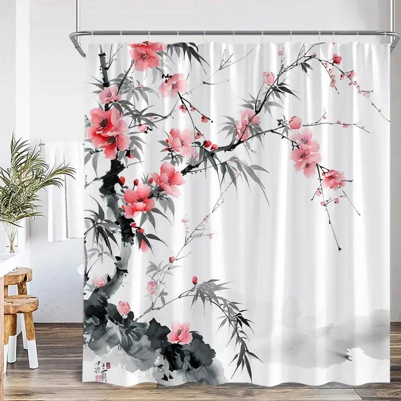 Ink Painting Shower Curtain Chinese Asian Style Cherry Blossom Japanese Woman Classical Bathroom Decor Polyester Bath Curtain
