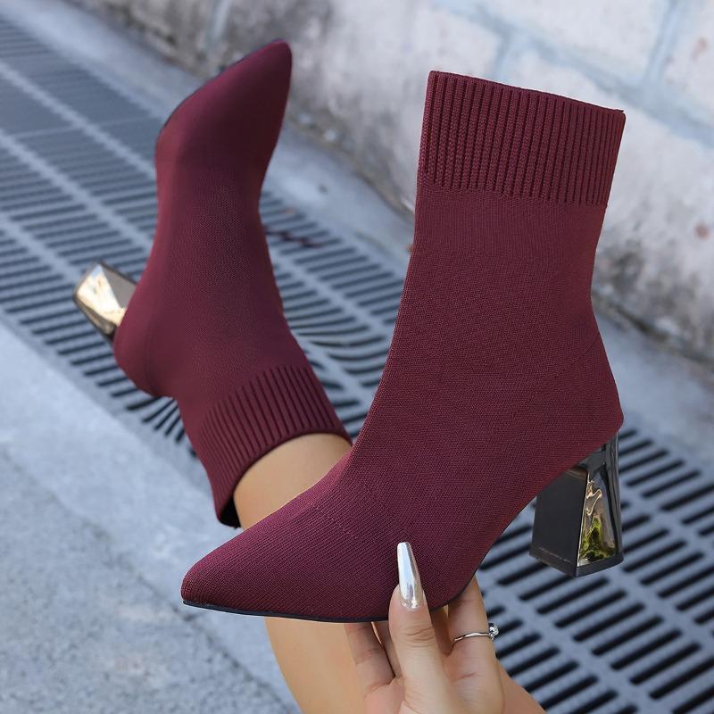 Knit Single Boots Autumn New Pointed Toe Sleeve Breathable Non-Slip Wear-Resistant High Heels