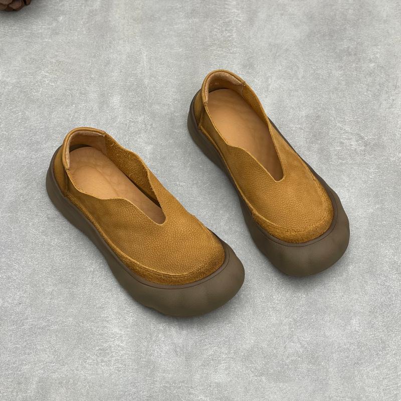 Johnature Vintage Handmade Genuine Leather Loafers Round Toe Thick Soled Cowhide Women's Slip-on Shoes