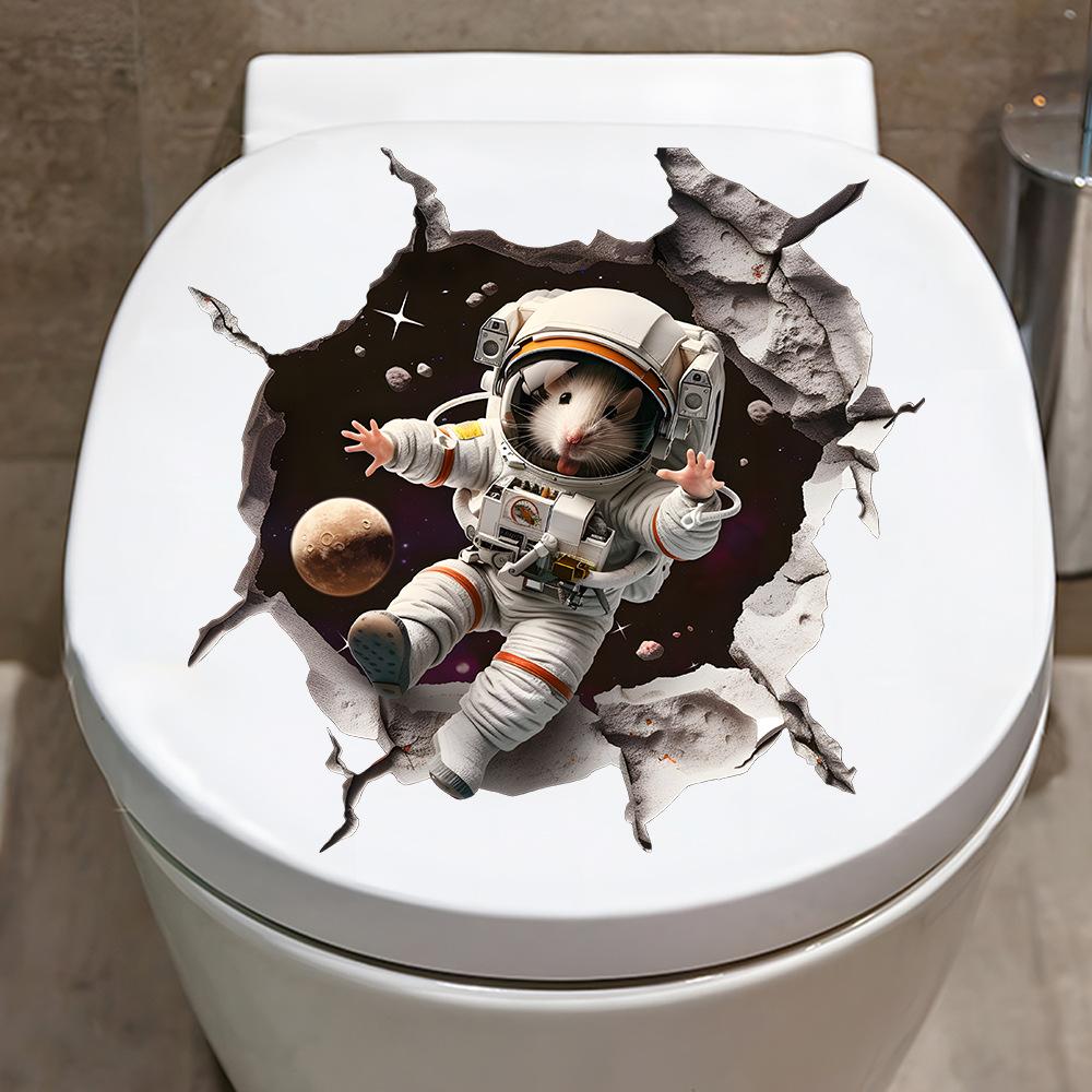 

3D Space Mouse Breaking Through Wall Toilet Sticker Self Adhesive No Residue Waterproof Bathroom Decor 24x25cm разноцветный