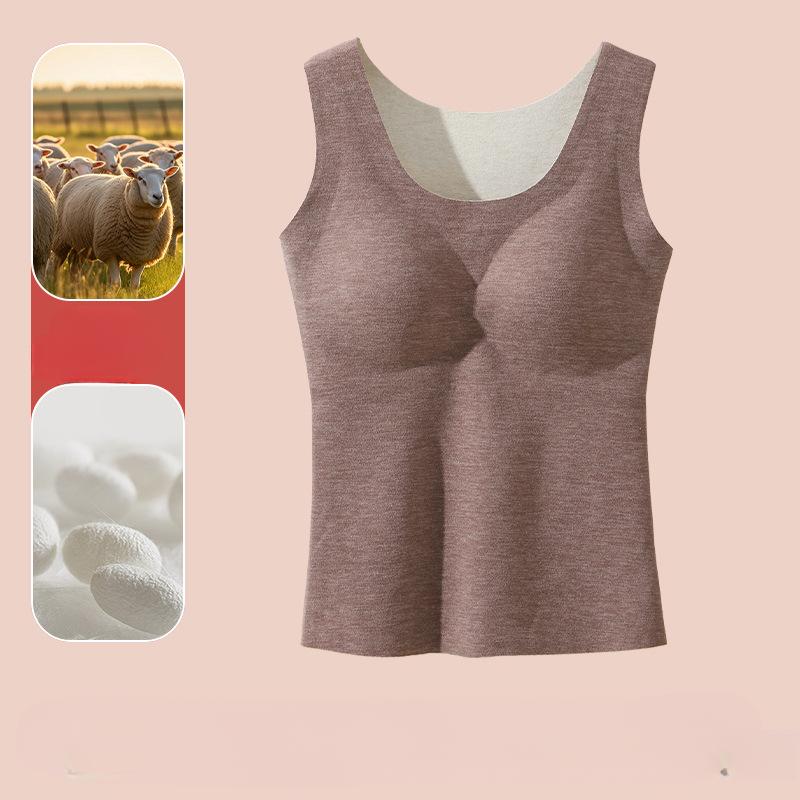 Autumn and Winter Warm Vest Women's Wool Round Neck Fixed Chest Pad with Velvet German Velvet Seamless Inner Layer Bottom Underwear