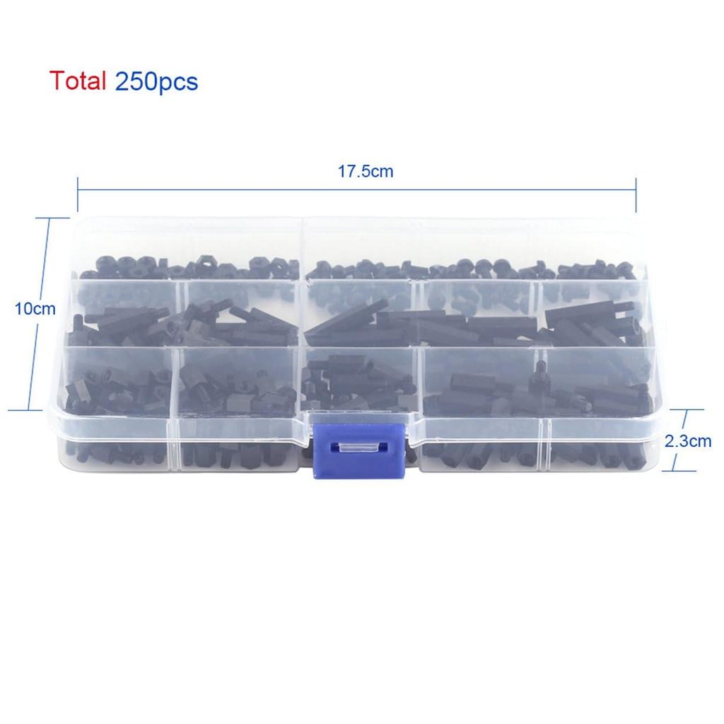 Walfront 250PCS Nylon M3 Hex Male Standoff Spacer Screw Nut Assortment Kit (M3 Male Standoff A) Black