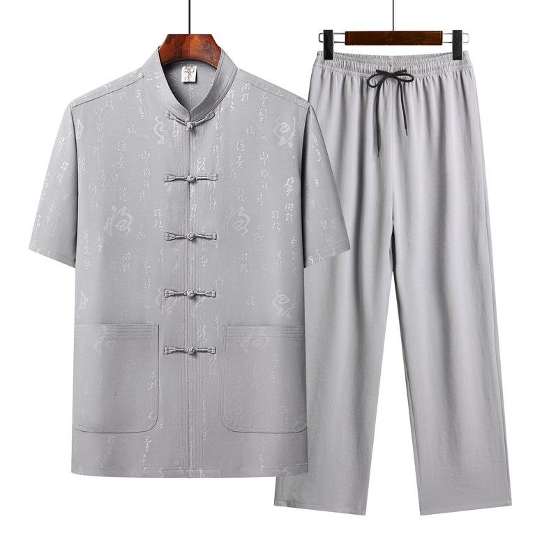 Chinese Style Casual Tops, Small Shirts, Middle-aged and Elderly Short-sleeved Button-down Shirts and Trousers Two-piece Set