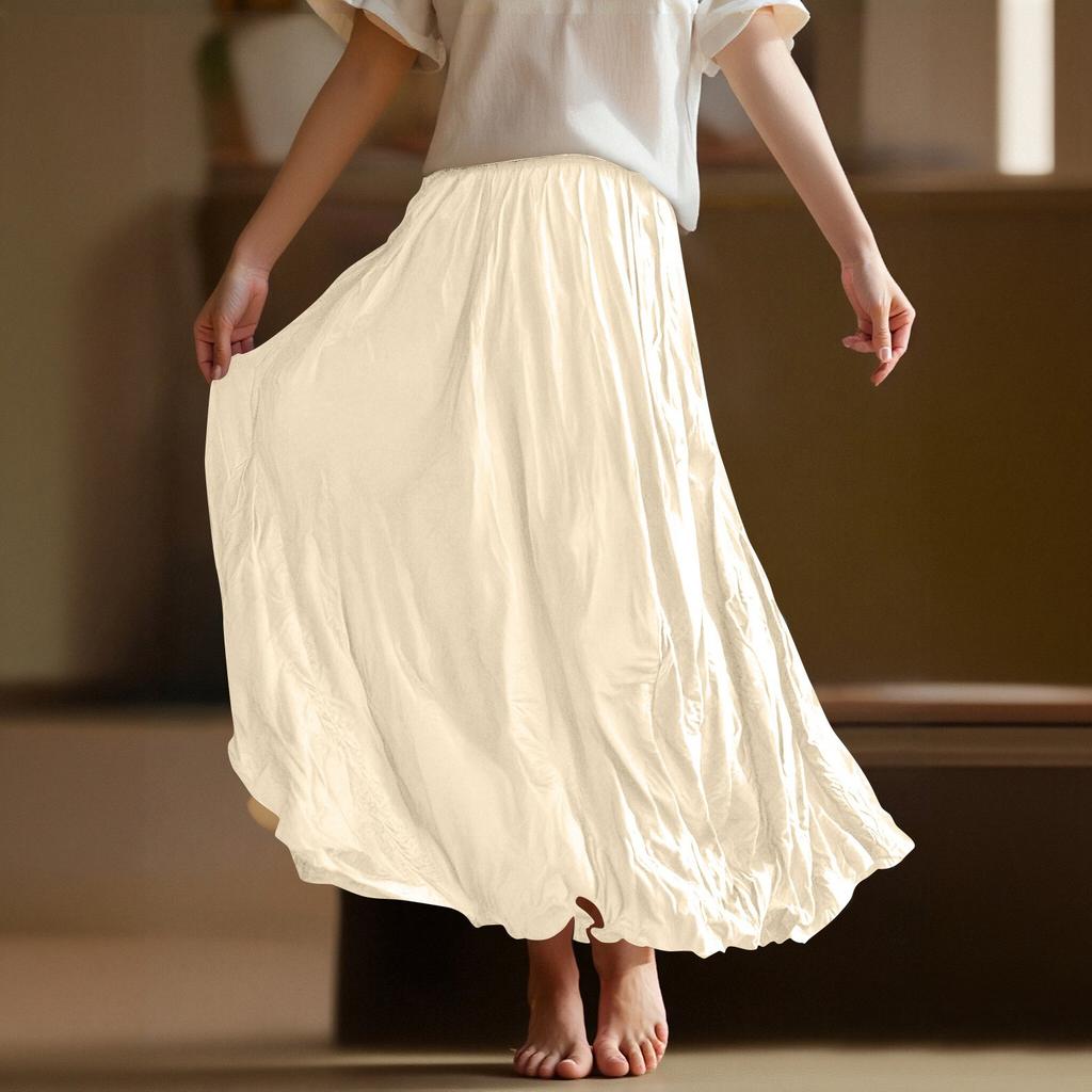 Women's  Casual Pleated Solid Color Half Skirt, Pleated A-line Skirt, Large Swing Floor-length Skirt