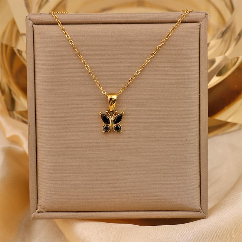 Retro Commuter Christmas Necklace: 18K Plated Titanium Steel with Zircon Inlaid Colorful Butterfly Pendant for Women