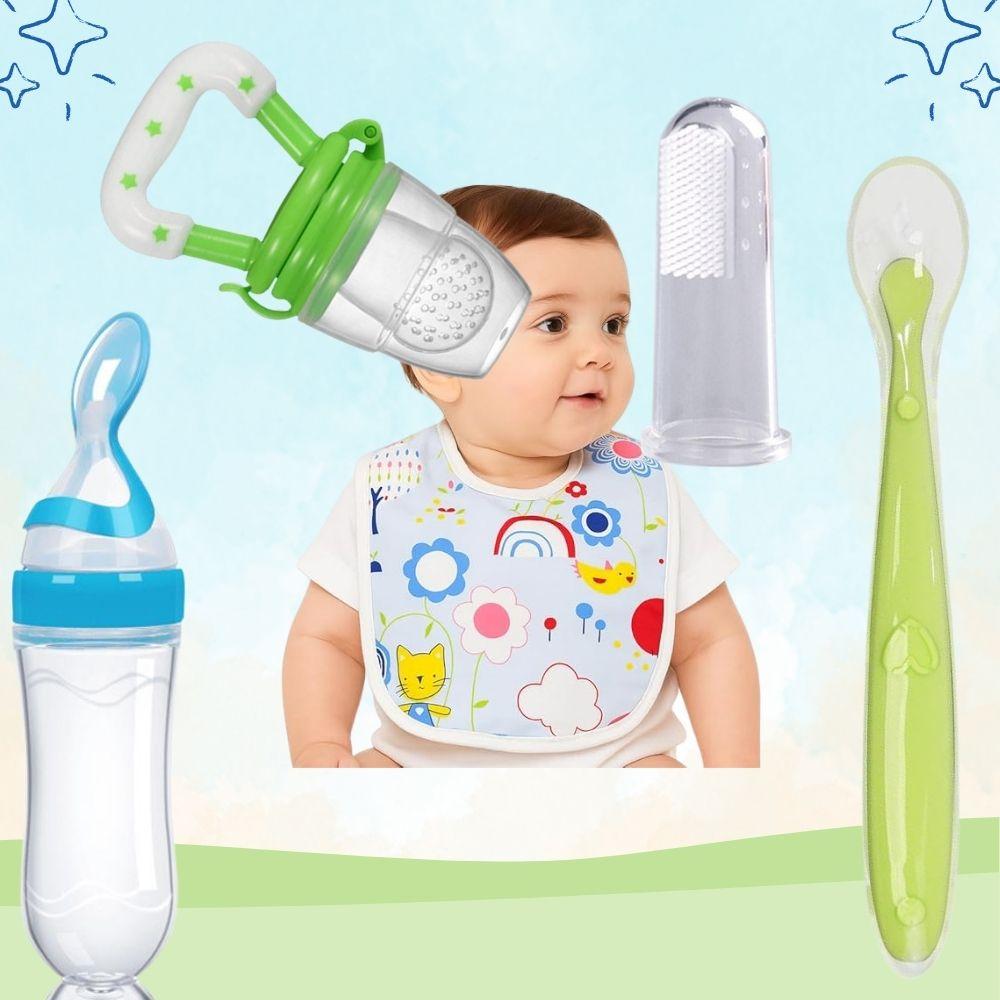 Baby Siliconen Voedingscombinatie – Lepel Fles, Fruitvoeder, Vingerborstel, Siliconen Lepel & Slab Pak van 5