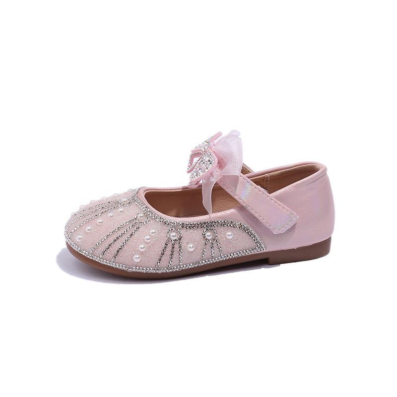 Girls' Crystal Princess Shoes2026Spring and summer new children's pearl and rhinestone bow performance shallow leather shoes