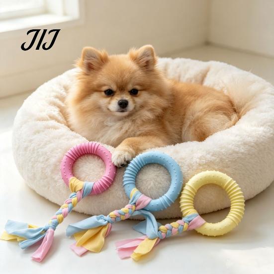 Interactive Tug Toys for Pets Dog Tug-of-War Toy, Rubber Ring with Braided Cloth Strips, Strips Toy Chew Small to Medium Dogs, Teeth Cleaning