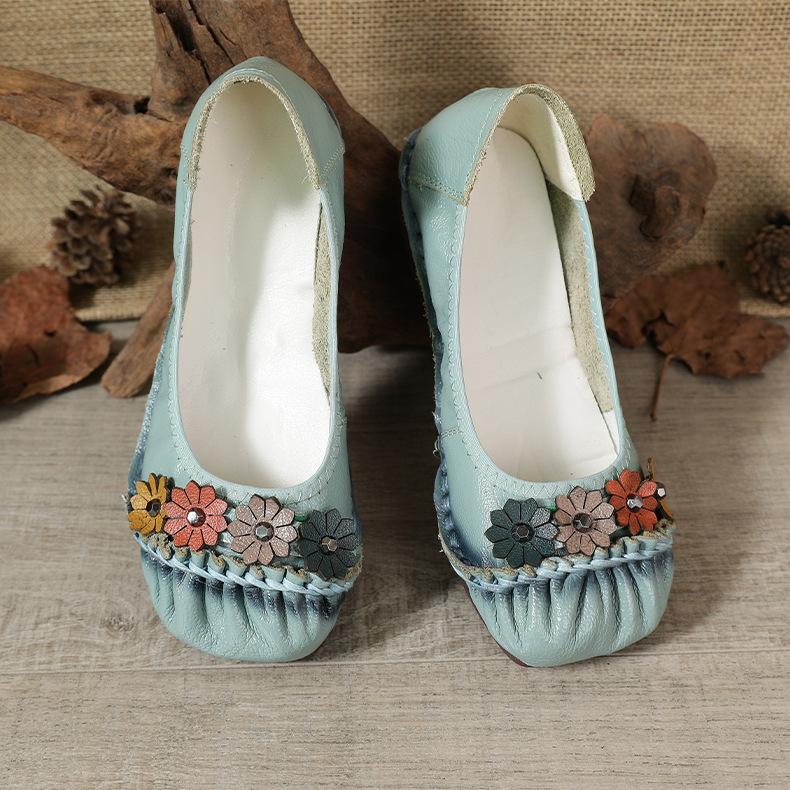 Leather Shallow Mouth Single Shoes Women's Beef Tendon Sole Round Head Light Non-slip Soft Sole One Pedal Shoe Flower