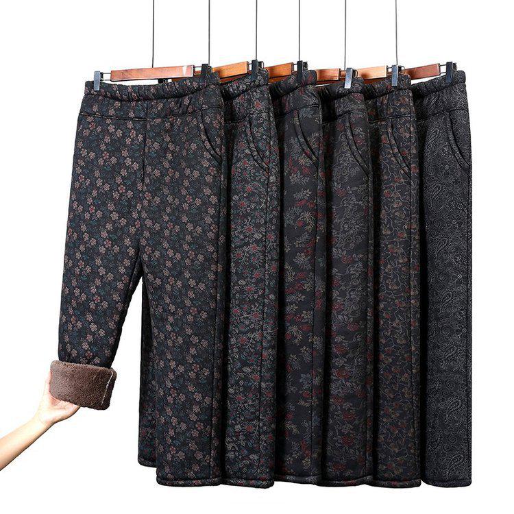 Women's Plus Size Warm Cotton Pants - Elastic Waist, Comfortable, Loose, Printed, Winter, Middle-Aged & Elderly 