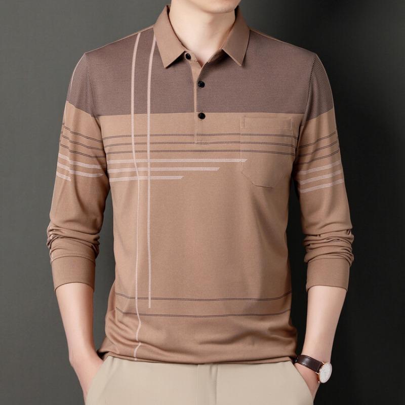 Men Casual Striped Long Sleeve Polo Shirt With Real Pocket Daily Wear Top