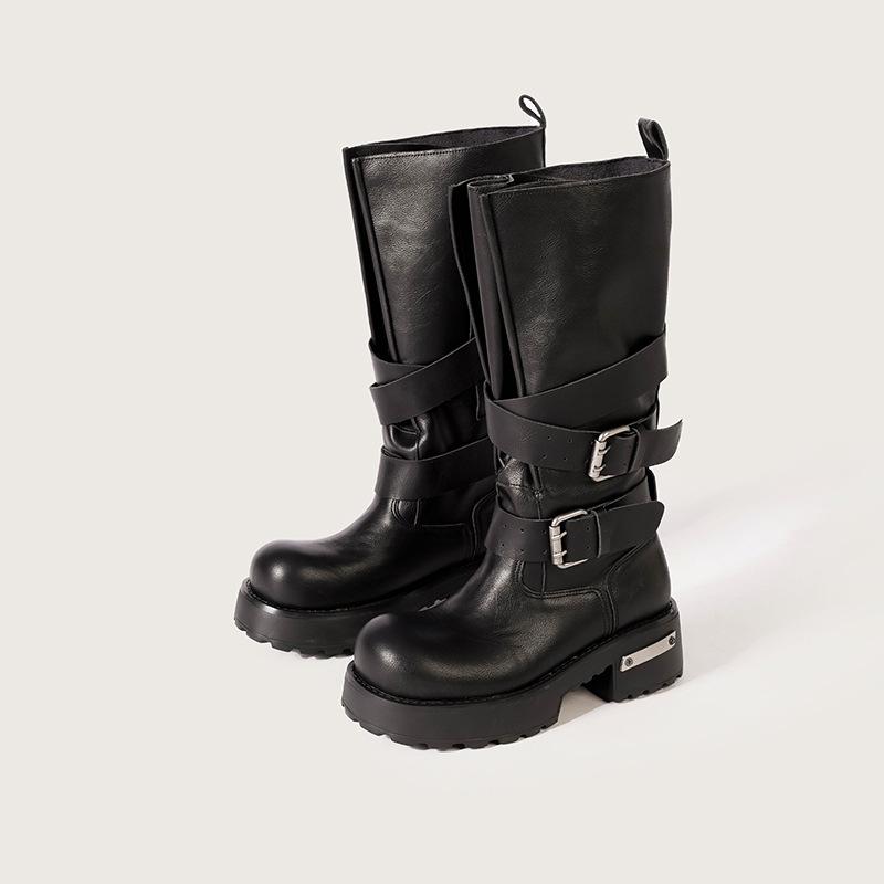 Retro belt buckle venom boots summer new bundle mouth big tube circumference thick bottom heightening punk locomotive boots