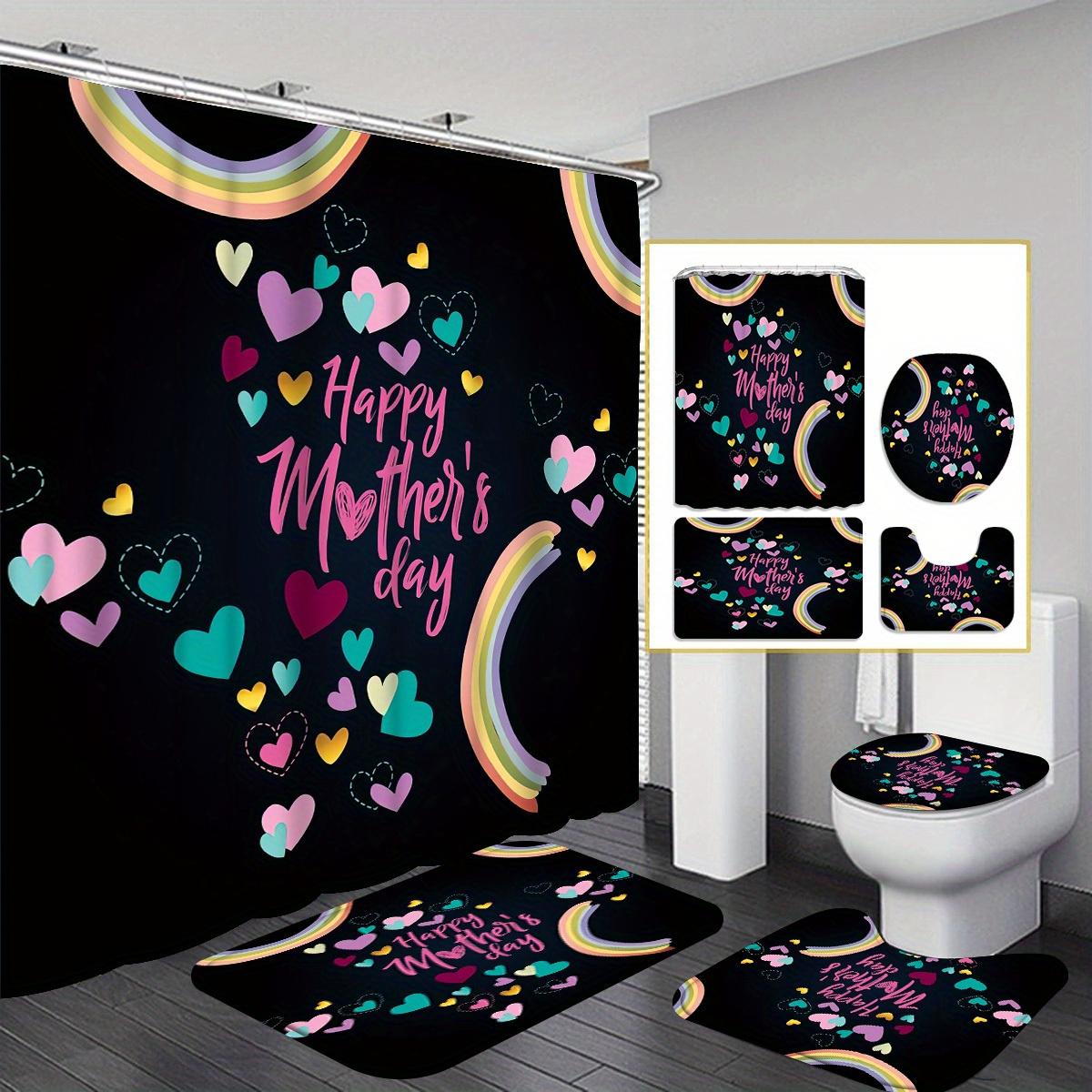 

Happy Mother S Day Shower Curtain Set With 12 Hooks --Shower Curtain, Bath Mat, Toilet Seat Cover And U-Shaped Rug -- Machine W60H190(CM)-1 Pcs