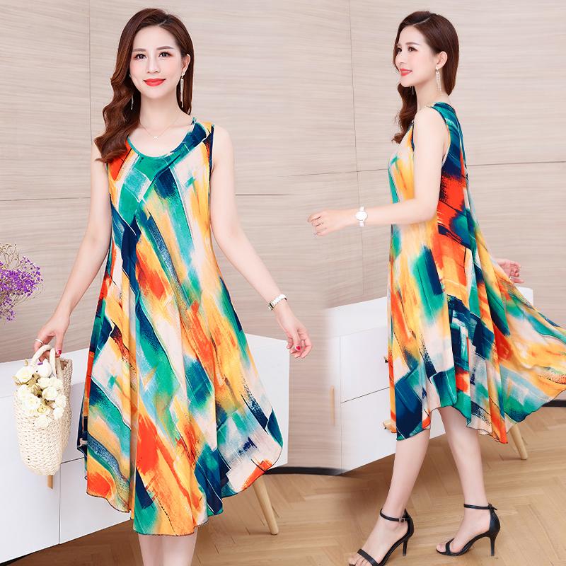 Letní šaty bez rukávů Dámské Nadměrné Volné Dlouhé šaty s potiskem