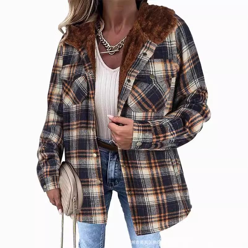 Women's Checkered Plaid Fleece-Lined Jacket, Cozy Outerwear with Soft Collar