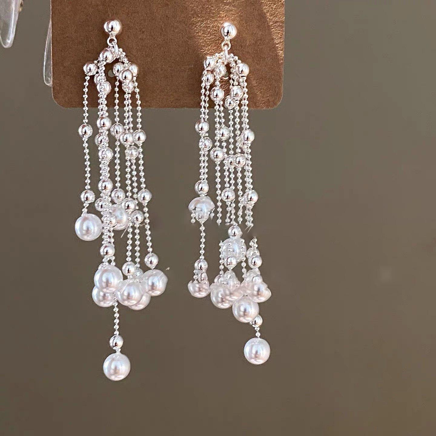Silver Needle Tassel Pearl Earrings: Elegant Retro Design with High-End Feel