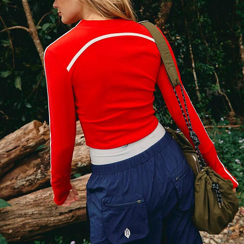 

2025 New Fashion Yoga Clothes Retro Slim Fit Slimming Long Sleeves Workout Top Women s American Stripes High Elastic Quick-Drying Red S