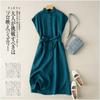 Summer New Literary and Loose Solid Color Cotton and Linen Lapel Sleeveless Dress Women's Waist Medium and Long